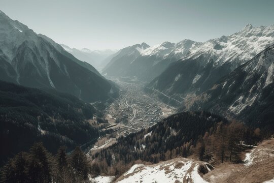 Panoramic view of landscape in Schwaz, including ski resort Pill and mountain Kellerjoch. Generative AI