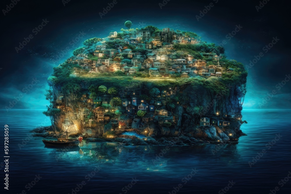 Poster serene floating island surrounded by calm waters. generative ai