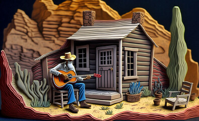 Fototapeta na wymiar Old man plays guitar out side his one room shack in the desert.
