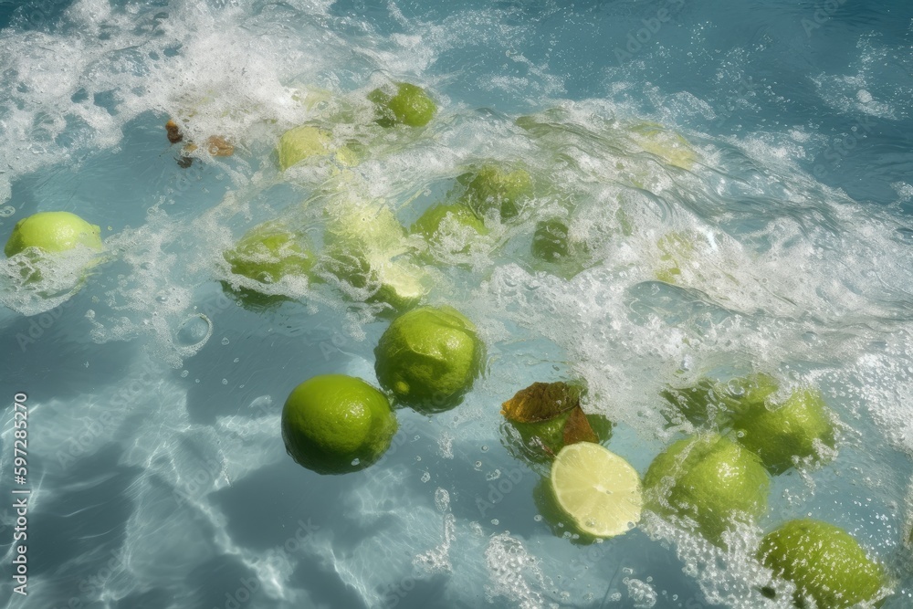 Poster limes floating in a refreshing pool on a sunny day. generative ai