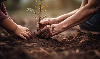 Grandmother and Grandson planting a plant, Save Earth, Earth Day - Generative AI