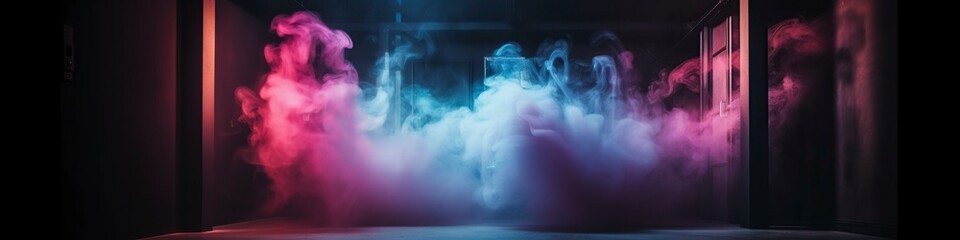 illustration, empty room with smoke and neon light,website header, generative ai.
