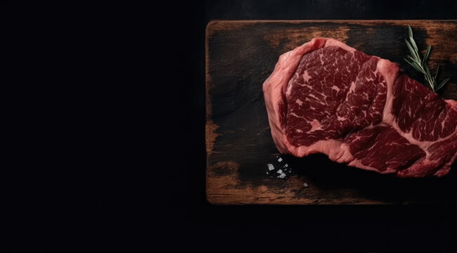 Big Slate Background with Raw Steak in Top Left Corner.