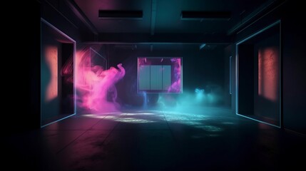 illustration, empty room with smoke and neon light, generative ai.