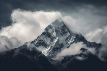 Majestic peaks shrouded by fluffy white clouds. Generative AI