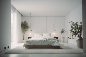 Minimalist white bedroom illustration. Generative AI