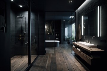 a design bathroom, with a wood floor, black wall, italian shower. generative ai