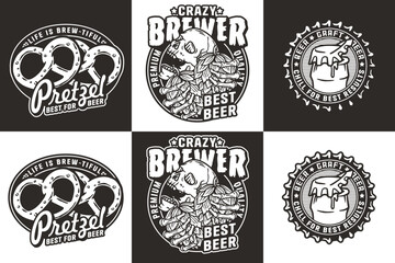 Fototapeta premium Beer set of emblems with skull and hop, bottle cap and pretzel for brewery or bar. Craft beer vector logo for pub and factory
