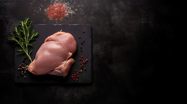 Dark background, raw chicken on bottom left.