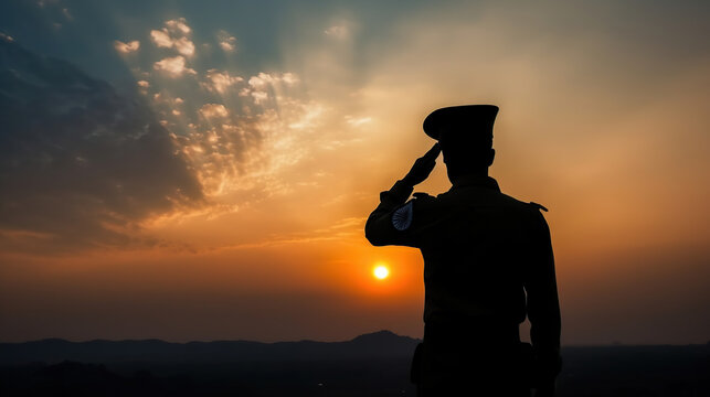 Silhouette of soldier saluting on a background of sunset or the sunrise. Greeting card for Independence day, Republic Day. India celebration, generative ai