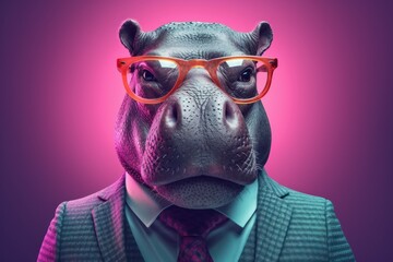 Anthropomorphic Hippo dressed in a suit like a businessman. Business Concept. AI generated, human enhanced