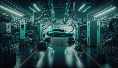 Fototapeta premium Automated robotics futuristic electric cars factory production line. generative ai
