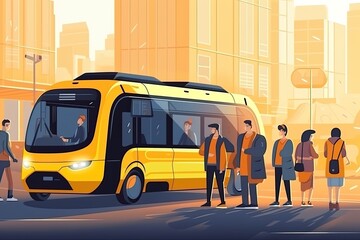 autonomous taxi bus service, customers, pedestrians. generative ai