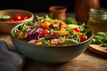 A salad in a bowl on a table with two bowls and spoons behind it, there is a bottle of dressing. Generative Ai