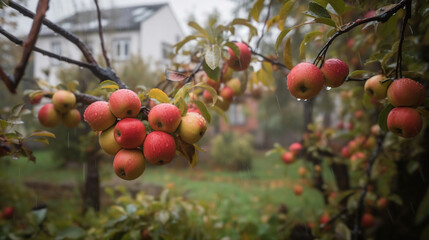 Red apples on a tree. It's raining Photographed garden, generative ai