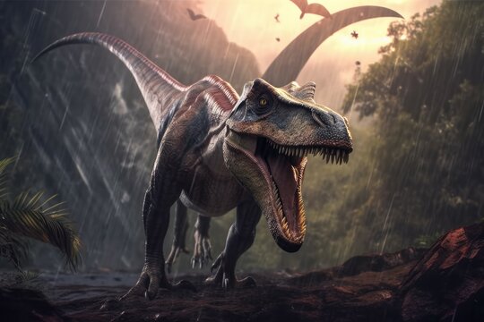 Fototapeta Majestic dinosaur in a fantasy landscape. AI generated, human enhanced