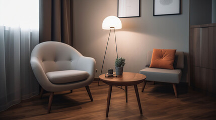 Interior of modern room with armchair and table near light wall, generative ai