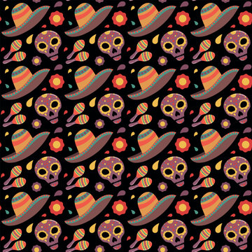 Mexican-style seamless pattern with skulls