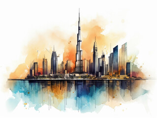 Watercolor painting of the dubai skyline. Generative AI