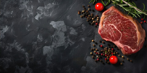 A Raw Steak on a Slate Background in the Top Right Corner