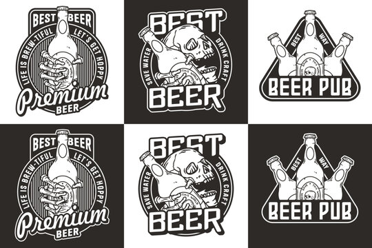 Skeleton beer set with bottle in bone hand. Brewery emblem, craft beer vector logo or print for pub, bar or beer store