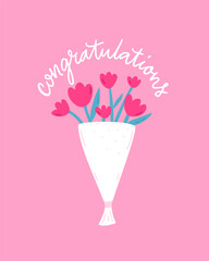 Congratulations flowers greeting card, bouquet illustration with curly handwritten text on pink background. Birthday card design, mothers day art