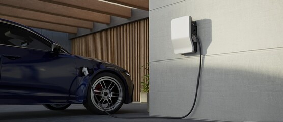 Generic electric vehicle EV hybrid car is being charged from a wallbox on a contemporary modern residential building house - obrazy, fototapety, plakaty