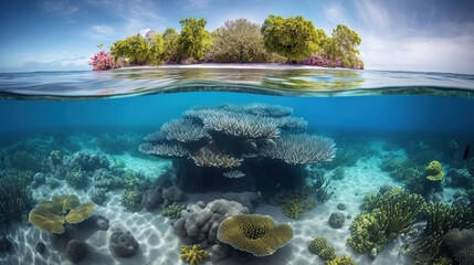 Fototapeta na wymiar Tropical Island And Coral Reef - Split View With Waterline, generative ai