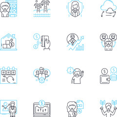 Labor relations linear icons set. Unionization, Collective bargaining, Strikes, Arbitration, Negotiation, Lockout, Picketing line vector and concept signs. Grievance,Jurisdiction,Mediation outline