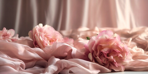 pink roses by the backdrop of pink fabric