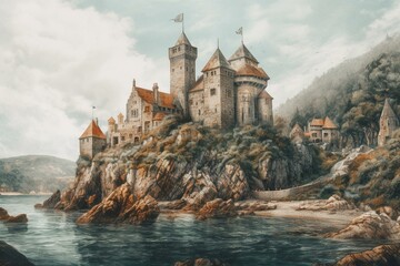 Watercolor painting of a medieval castle near the water with stone walls, towers, and a village of fishermen. Vintage style. Generative AI