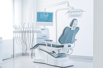 Dentists chair with x-ray picture. Empty dentists office with medical chair and x-ray. Generative AI - obrazy, fototapety, plakaty