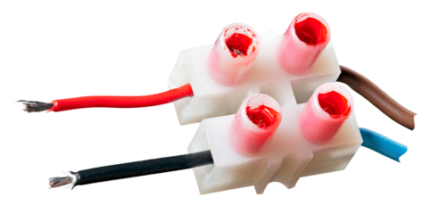 Plastic cube used to connect electric wires. Isolated background.