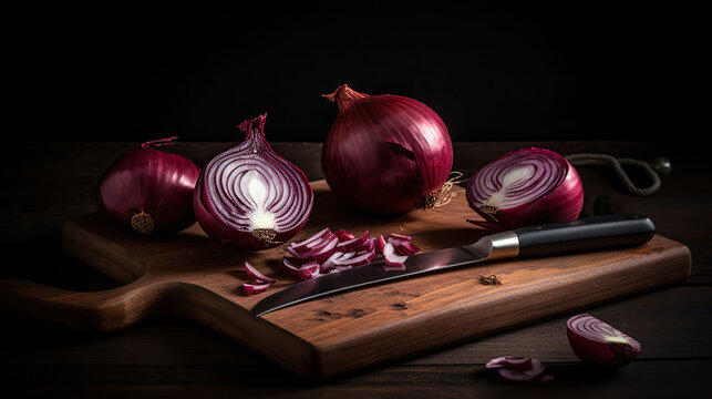 Wooden Board With Cut Red Onion And Knife On Dark Background, Generative Ai