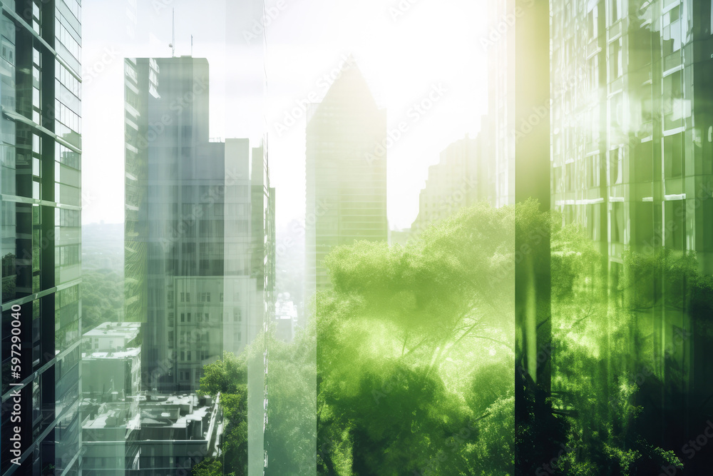 Wall mural green city double exposure of lush green forest and city landscape. futuristic green environment in  - Wall murals
