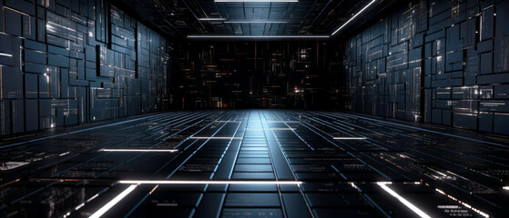 Abstract sci-fi digital interior background. 21:9 aspect ratio. Generative AI