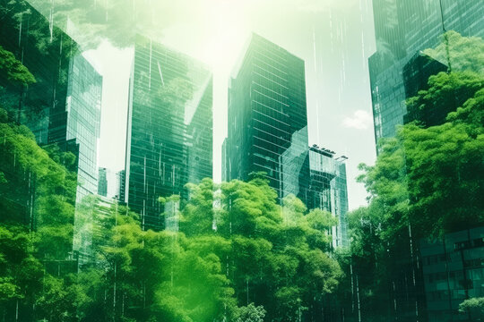 Green city double exposure of lush green forest and city landscape. Futuristic green environment in city. Generative AI
