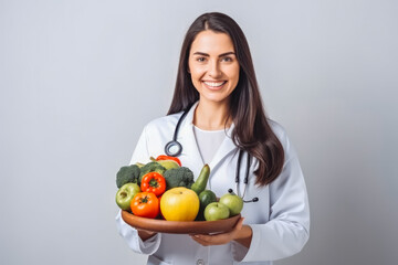 Beautiful nutritionist smiling at camera. Female nutritionist with fruit and vegetables on table. Generative AI - obrazy, fototapety, plakaty