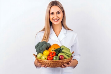 Beautiful nutritionist smiling at camera. Female nutritionist with fruit and vegetables on table. Generative AI