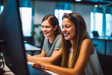 Side view of two young women working on software. Female co-workers sitting behind computer, working on a project. Generative AI