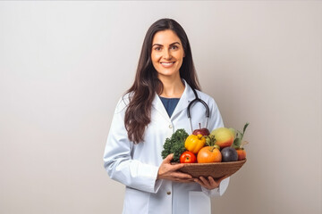 Beautiful nutritionist smiling at camera. Female nutritionist with fruit and vegetables on table. Generative AI - obrazy, fototapety, plakaty