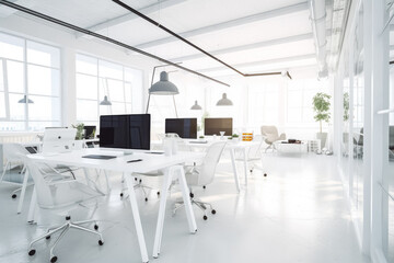 Modern white and blue open space office interior. Empty clean modern office building. Generative AI