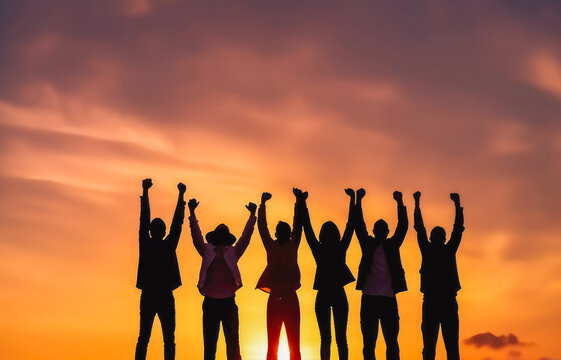 Silhouette of group of happy business team with hands high in the air, making celebratory gesture. Generative AI