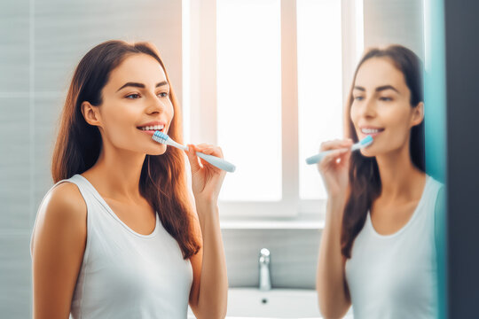 Woman smiling and holding toothbrush near teeth. Health care, personal hygiene, brushing teeth. Generative AI