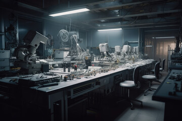 A modern factory where AGI robots in human form are sewing.. Generative Ai