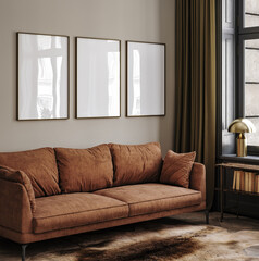 Poster frame mock-up in home interior background with modern sofa and decor in living room, 3d render © artjafara