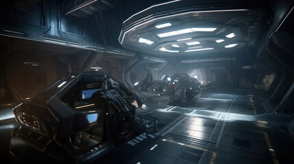 Obraz premium Create a sci-fi space station with sleek technology and high-tech weaponry