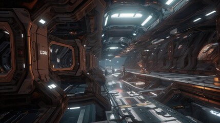 Create a sci-fi space station with sleek technology and high-tech weaponry