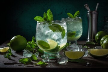 Refreshing summer cocktail with ice, lime, and mint. Exotic libation. Generative AI