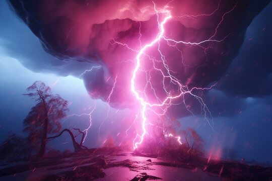 Colorful pink electricity storm in 3D rendering with tornado vortex and bright lightning background. Generative AI